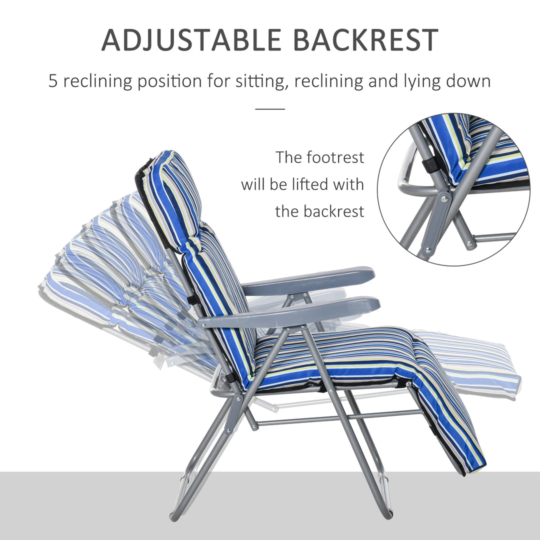 Outsunny Set of 2 Garden Sun Lounger Outdoor Reclining Seat Cushioned Seat Foldable Adjustable Recliner Blue and White