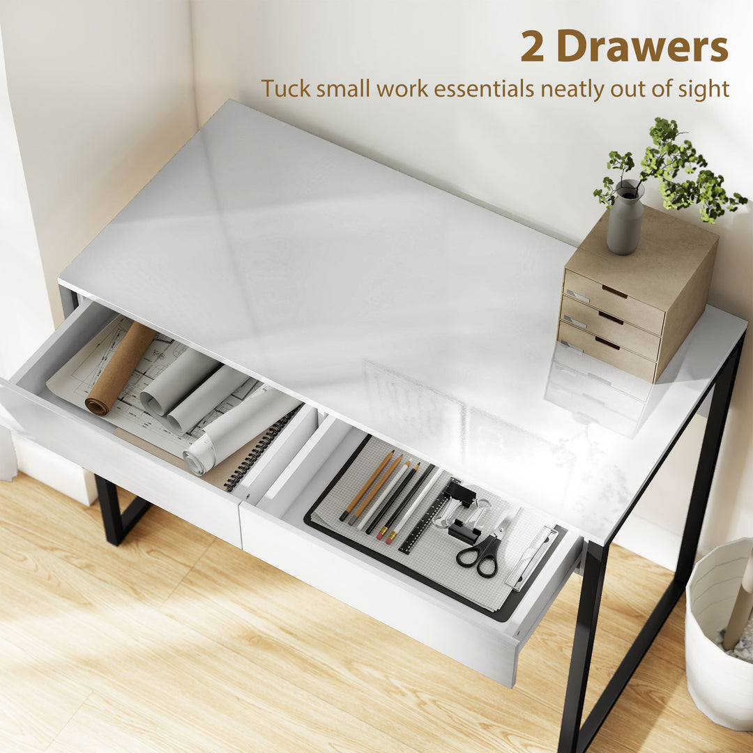 High Gloss Work Table, with Drawers - White