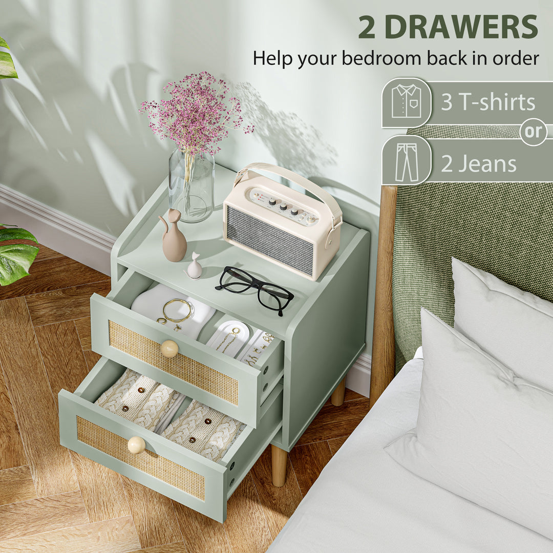 Bedroom Chest of Drawers, Boho Rattan Dresser with 2 Drawers, Storage Cabinet for Living Room, Hallway, Entryway, Olive Green