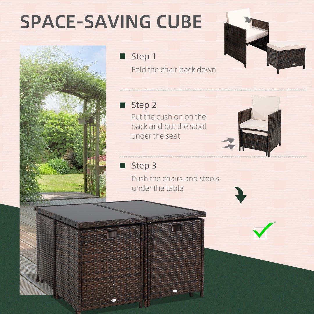 8 Seater Rattan Cube Garden Furniture Set, Rattan Dining Set with Cushions, Outdoor Dining Table and Chairs with 4 Armchairs, 4 Stools, Square Glass Top Table for Patio, Balcony, Brown