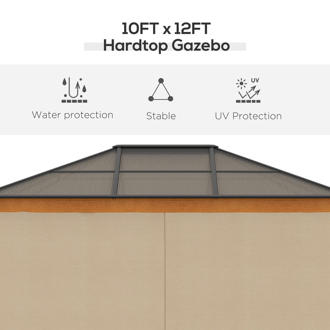 3 x 3.6 m Hardtop Gazebo Canopy, Polycarbonate Roof Garden Pavilion with Aluminium and Steel Frame, Nettings and Sidewalls for Garden, Patio, Khaki