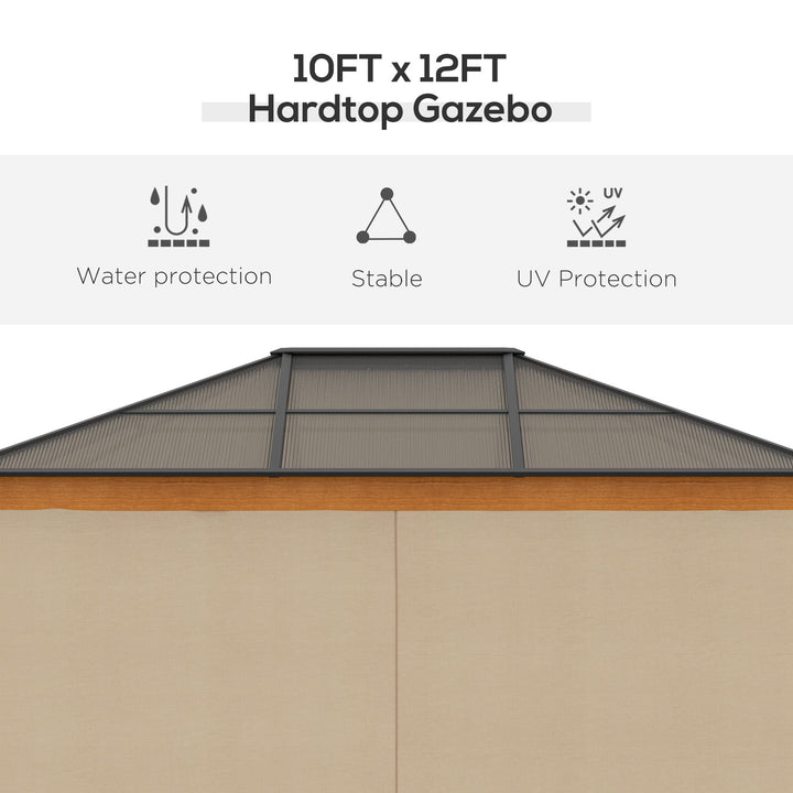 3 x 3.6 m Hardtop Gazebo Canopy, Polycarbonate Roof Garden Pavilion with Aluminium and Steel Frame, Nettings and Sidewalls for Garden, Patio, Khaki