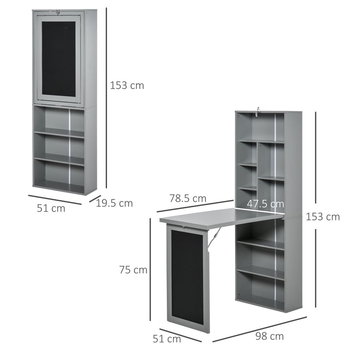 HOMCOM Fold-out Convertible Writing Desk Wall Mount Cabinet with Blackboard and Side Shelf Multi-Function Home Office Workstation, Grey | Aosom UK