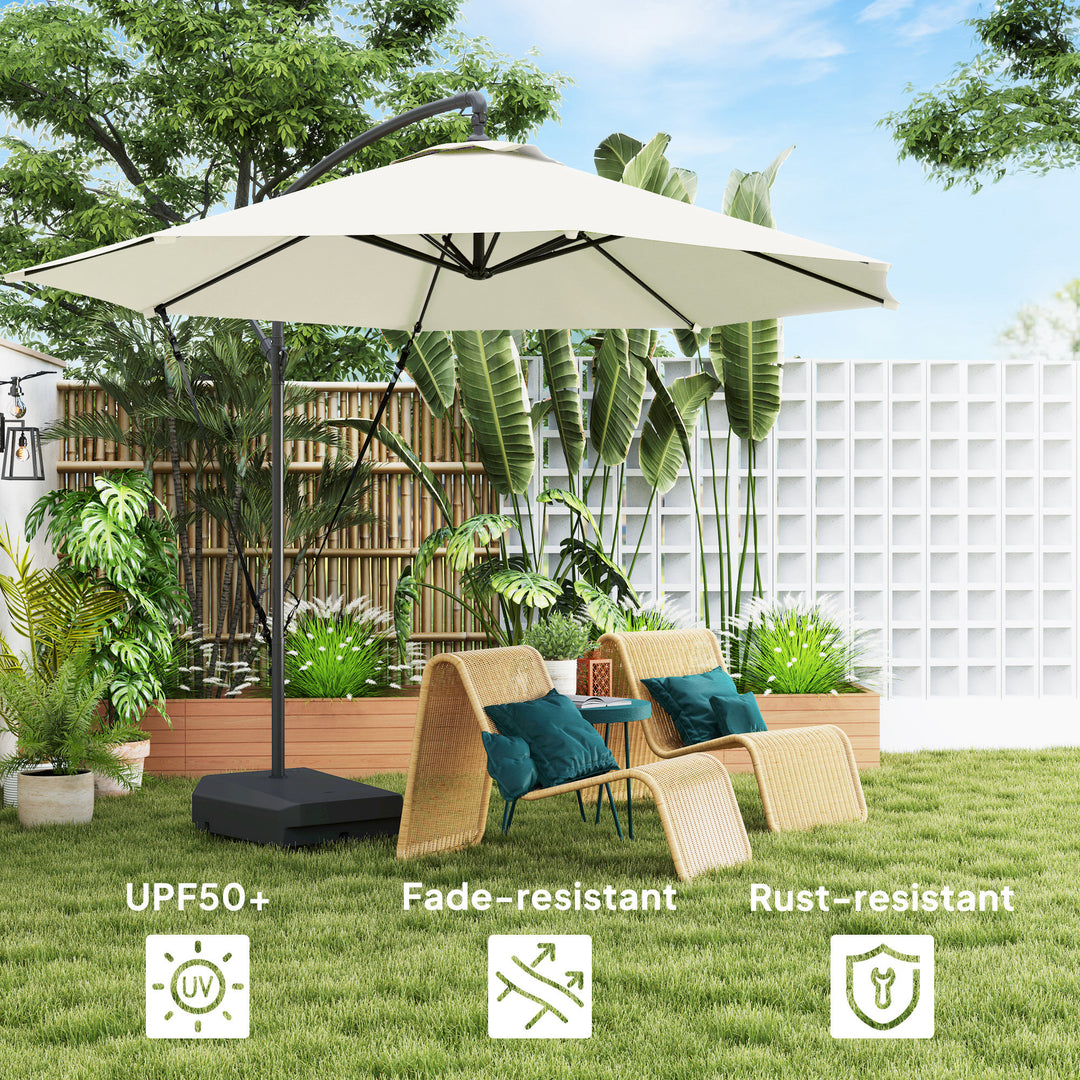 3(m) Garden Cantilever Parasol with Fillable Base up to 90kg, Wind Protection Strap, Cover, Round Banana Hanging Umbrella with Crank Handle and Tilt, UPF50+ Patio Umbrella, Cream