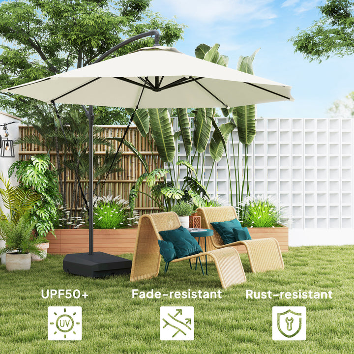 3(m) Garden Cantilever Parasol with Fillable Base up to 90kg, Wind Protection Strap, Cover, Round Banana Hanging Umbrella with Crank Handle and Tilt, UPF50+ Patio Umbrella, Cream