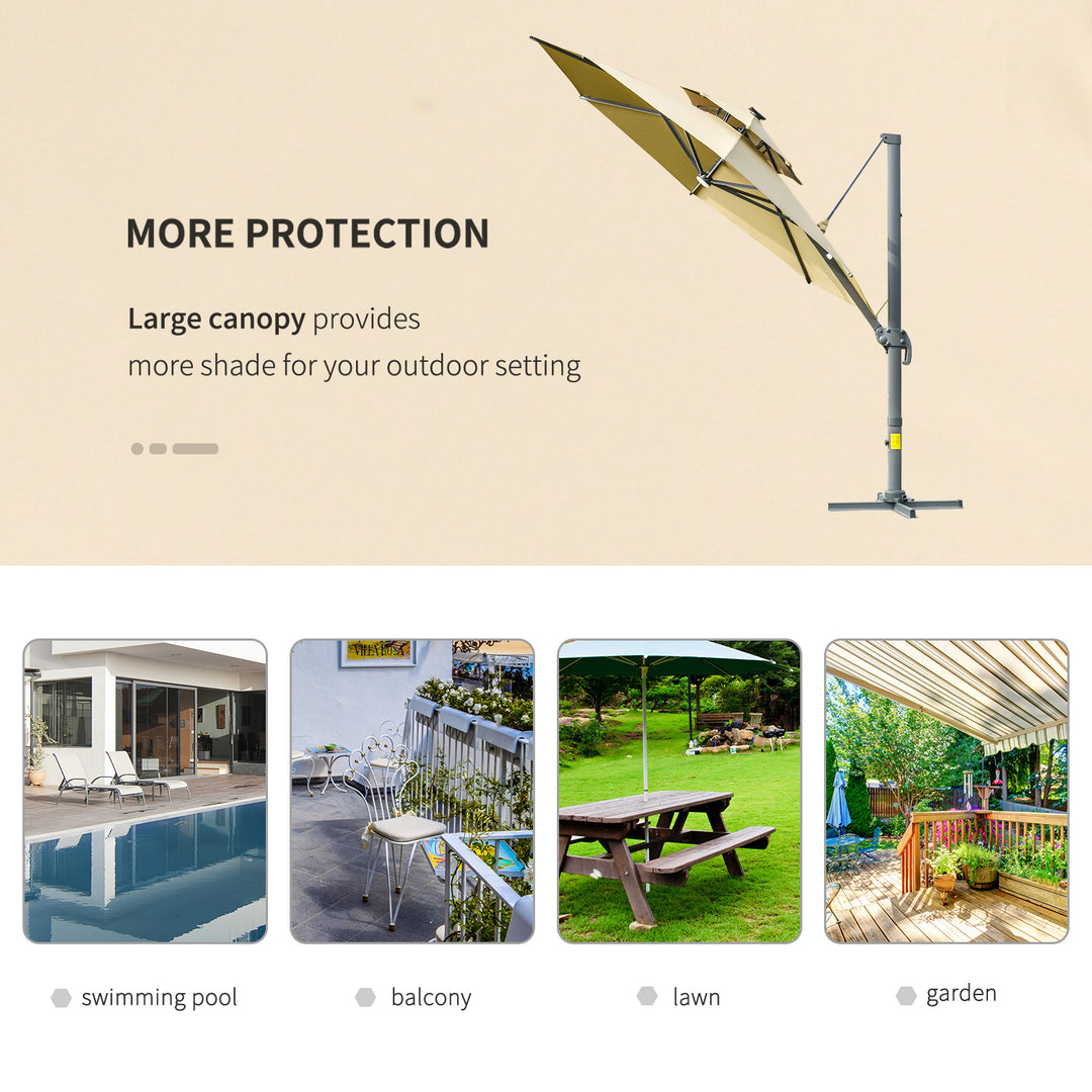 3m Cantilever Parasol w/ Solar Lights Power Bank Base 360° Spin Khaki