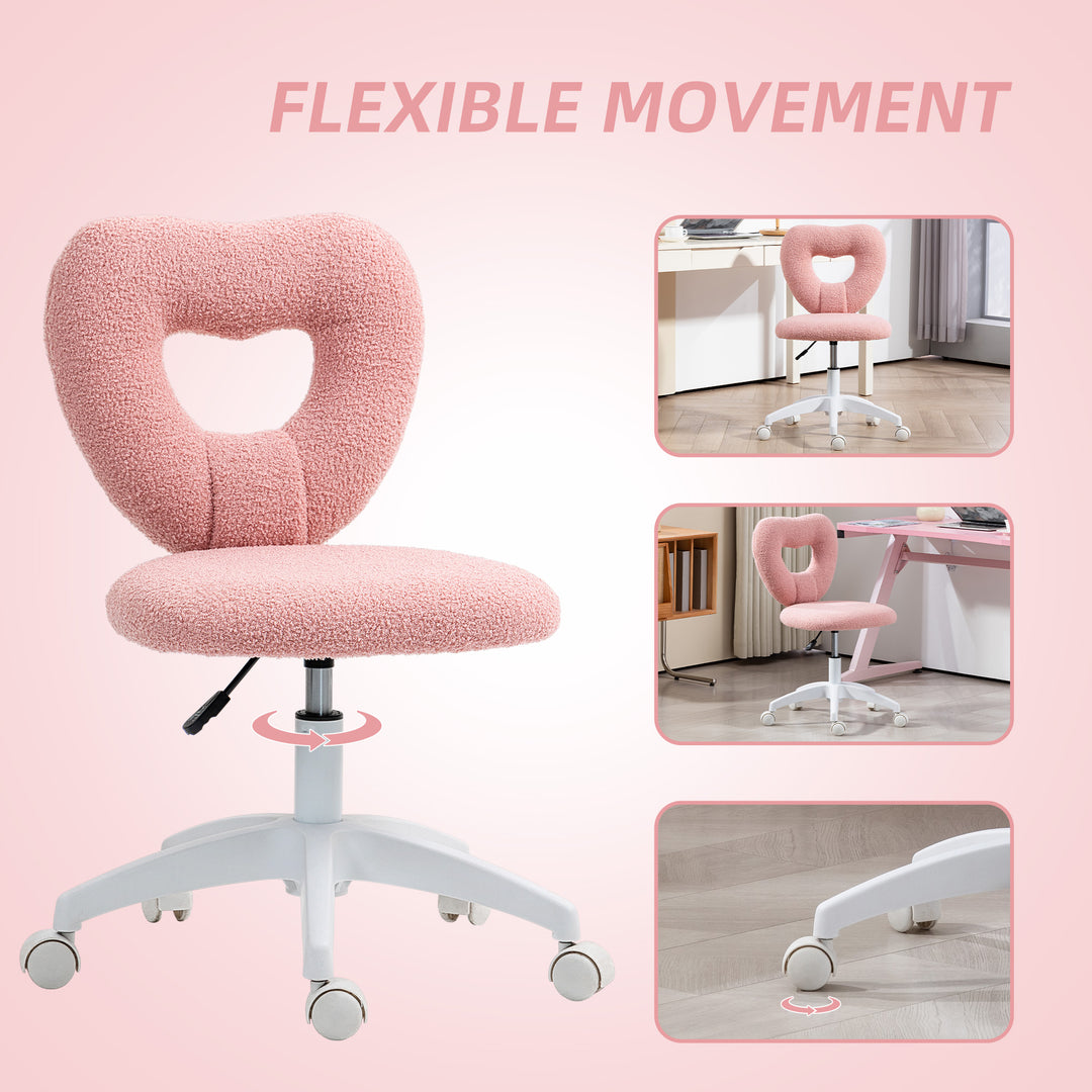 Armless Heart Computer Desk Chair, Teddy Fleece Swivel Office Chair, Makeup Vanity Chair with Height Adjustable, Wheels, for Home Study Bedroom, Pink