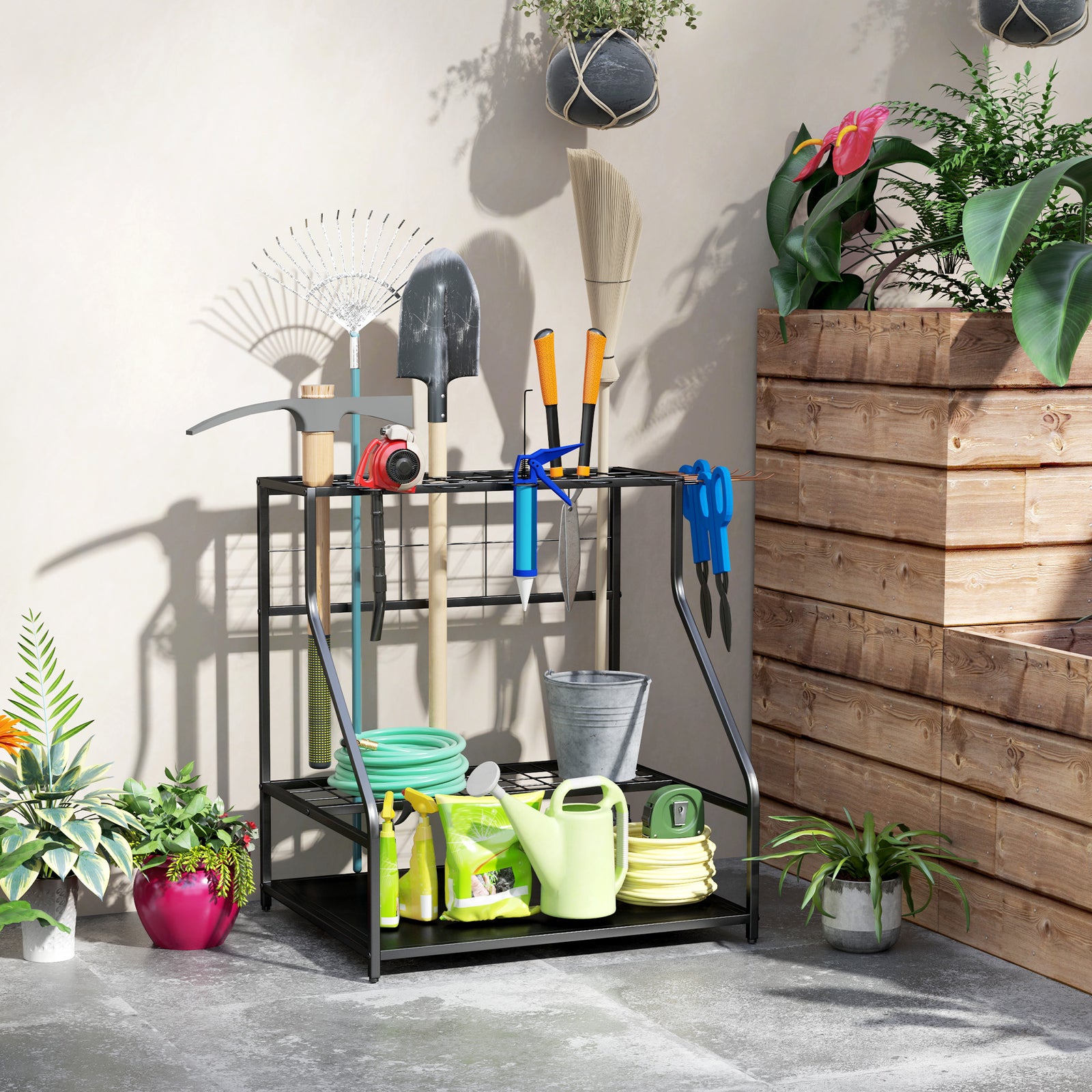 Garden Tool Storage Rack, 3-Tier Garden Tool Rack with 11 Hooks for Lo
