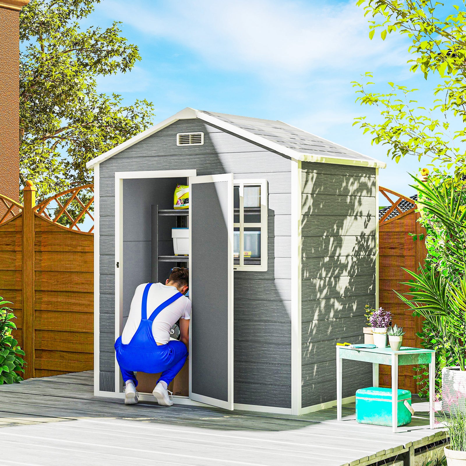 6 x 4ft Garden Shed, Plastic Shed with Floor, Window, Lockable Door and Vents, Wood Effect Resin Tool Shed for Outdoor, Grey