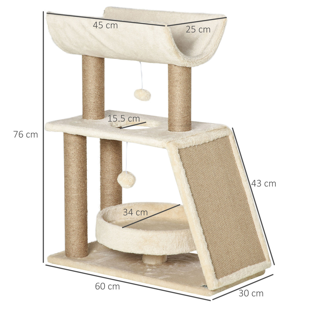 PawHut Cat Climbing Tree, Scratch Pad, Cosy Bed Perch, Play Ball, for Indoor Cats, 60 x 30 x 76 cm, Light Brown | Aosom UK