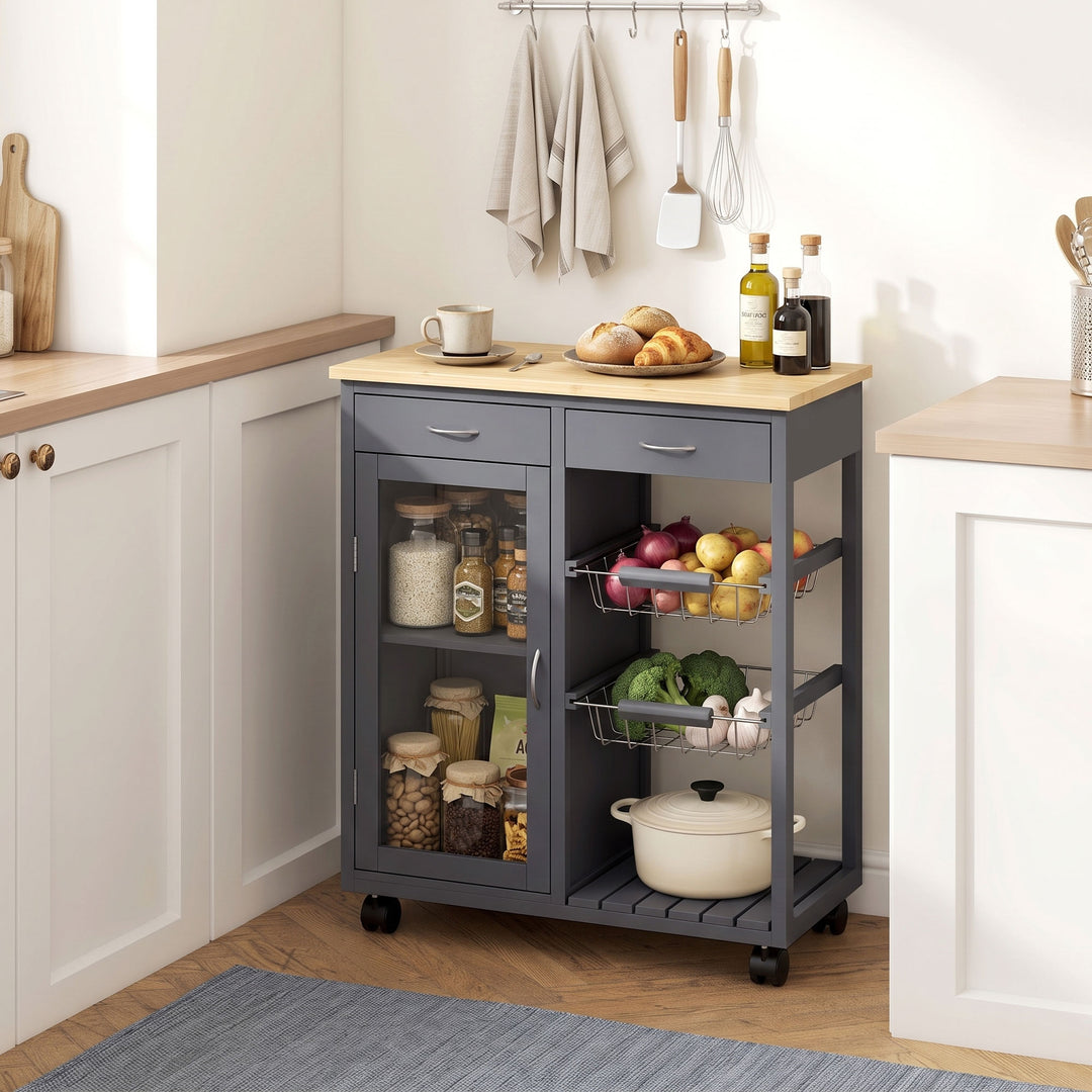 Bamboo Kitchen Island, Rolling Kitchen Trolley with Glass Door, 2 Meta
