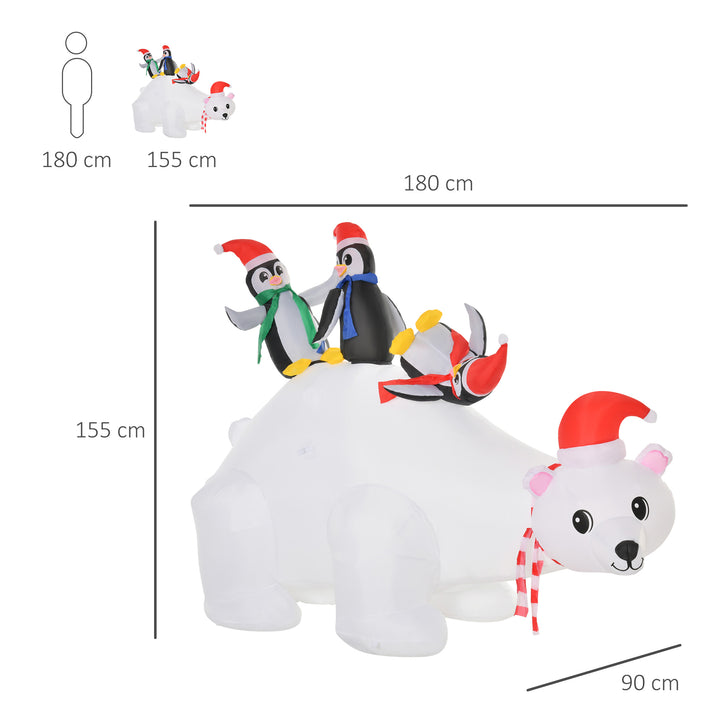 HOMCOM 5ft Outdoor Christmas Inflatable with LED Light, Lighted Blowup Polar Bear with Three Penguins, Giant Yard Party Decoration for Garden Lawn