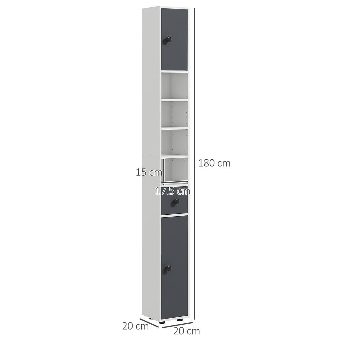 Kleankin 180cm Tall Slim Bathroom Cabinet, Narrow Toilet Roll Storage with Open Shelves, 2 Door Cabinets, Adjustable Shelves, for Kitchen | Aosom UK