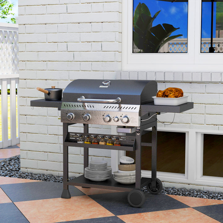 Five-Burner Steel Gas Grill, with Thermometer - Black