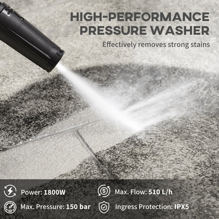 DURHAND 1800W High Pressure Washer, 150 Bar Pressure, 510 L/h Flow, High-Performance Portable Power Washer Jet Wash Cleaner for Garden | Aosom UK