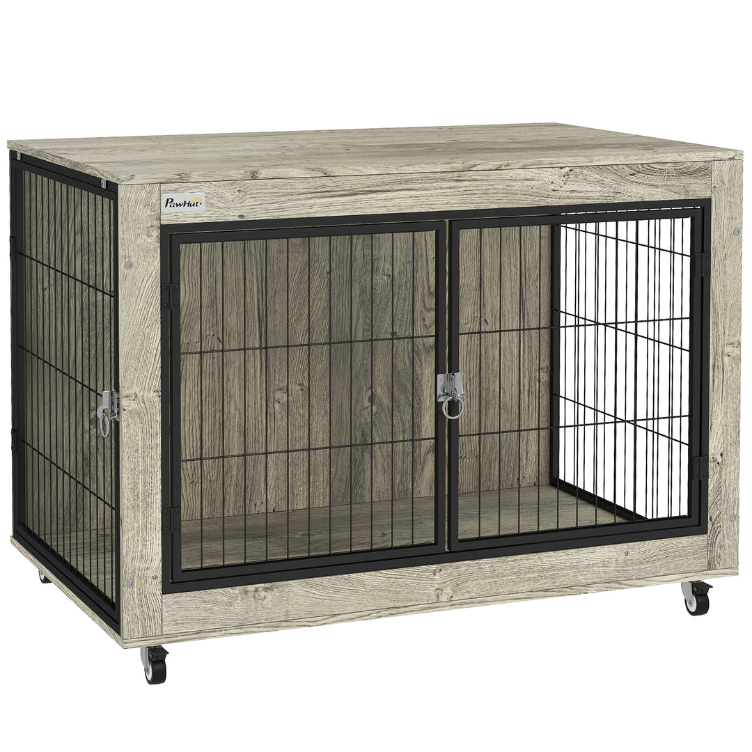 Dog Crate Furniture with Wheels, Double Doors, for Large Dogs, Grey