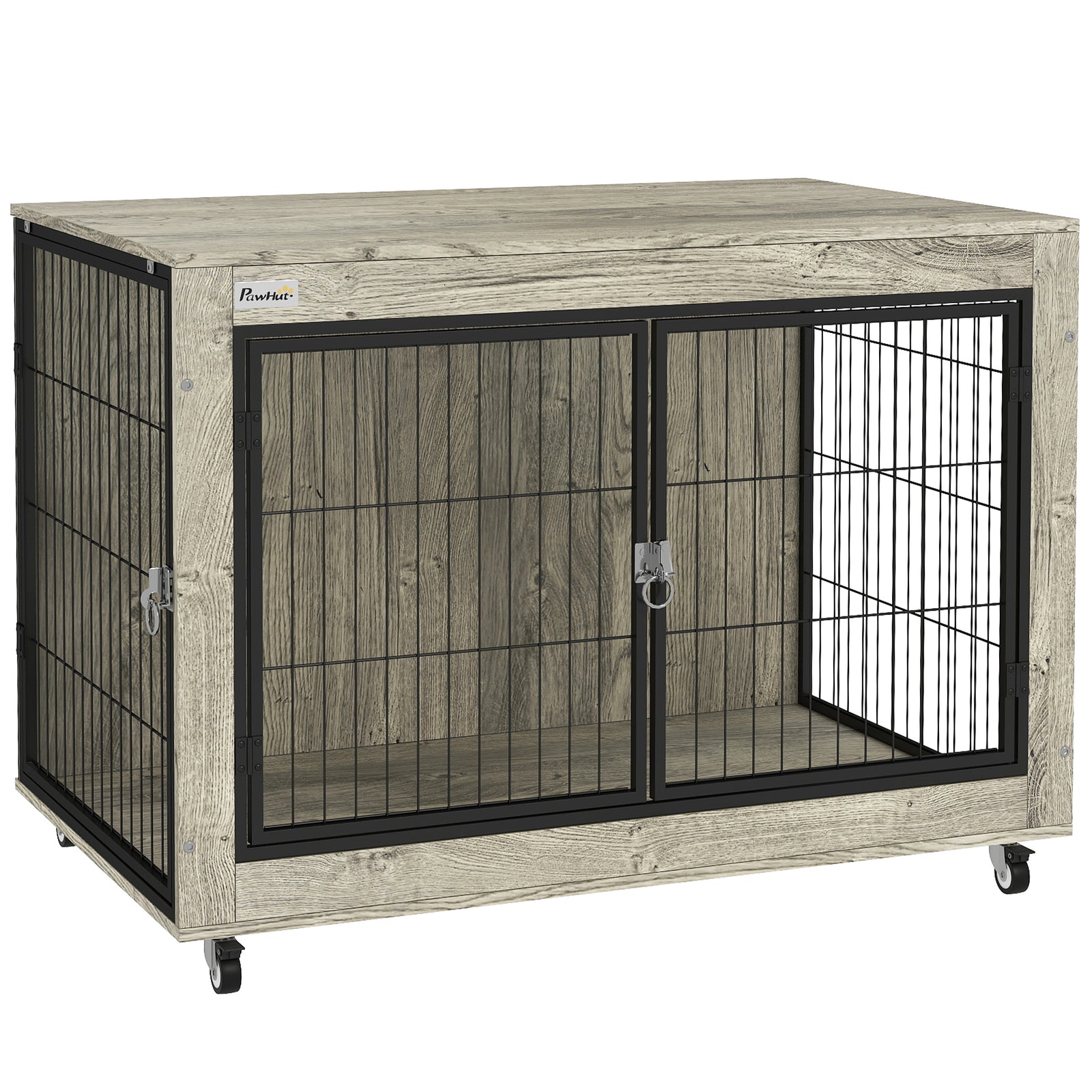 Dog Crate Furniture with Wheels, Double Doors, for Large Dogs, Grey