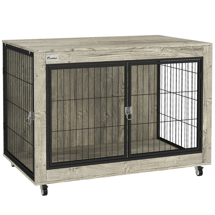 Dog Crate Furniture with Wheels, Double Doors, for Large Dogs, Grey