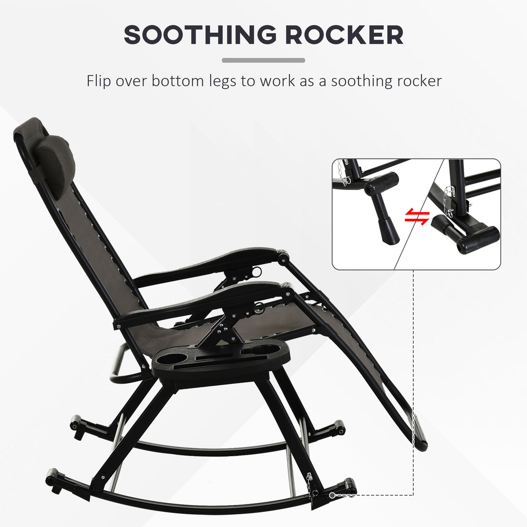 Garden Rocking Chair Folding Recliner Outdoor Adjustable Sun Lounger Rocker Zero-Gravity Seat with Headrest Side Holder Patio Deck - Grey