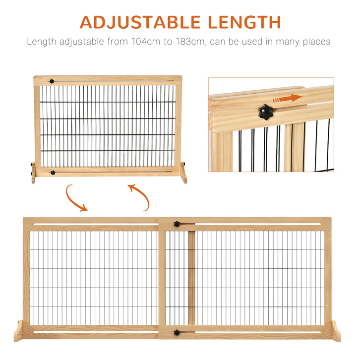 PawHut Adjustable Wooden Pet Gate, Freestanding Dog Barrier Fence with 2 Panels for Doorway, Hallway, 69H x 104-183 cm, Natural