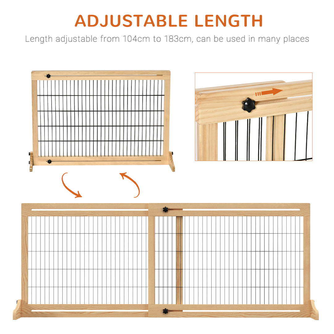 PawHut Adjustable Wooden Pet Gate, Freestanding Dog Barrier Fence with 2 Panels for Doorway, Hallway, 69H x 104