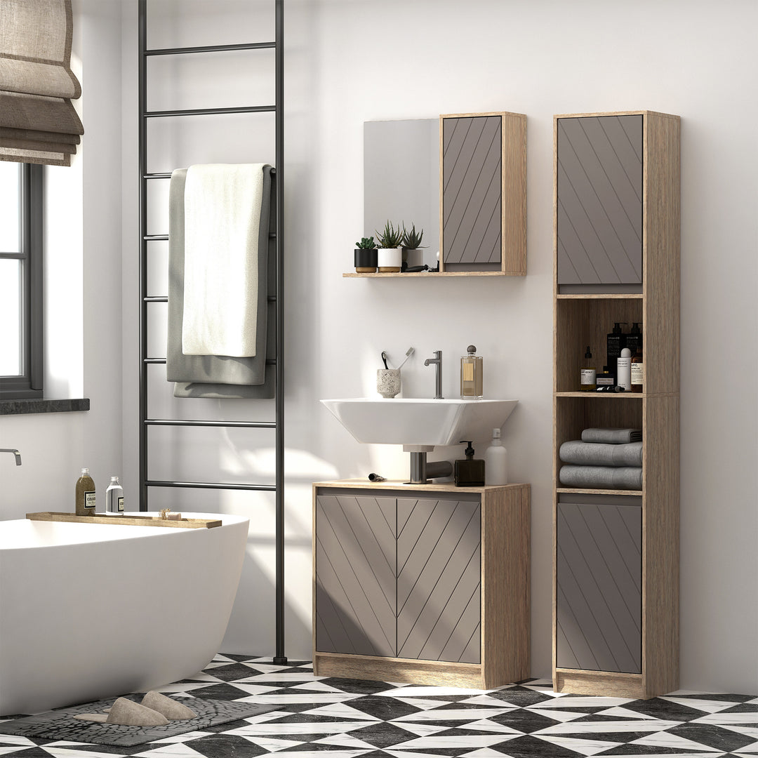 Narrow Bathroom Cabinet, Slim Bathroom Storage Unit with Open Compartment, Freestanding Storage Cupboard with Adjustable Shelves for Small Spaces, 30 x 24 x 170 cm, Grey and Oak