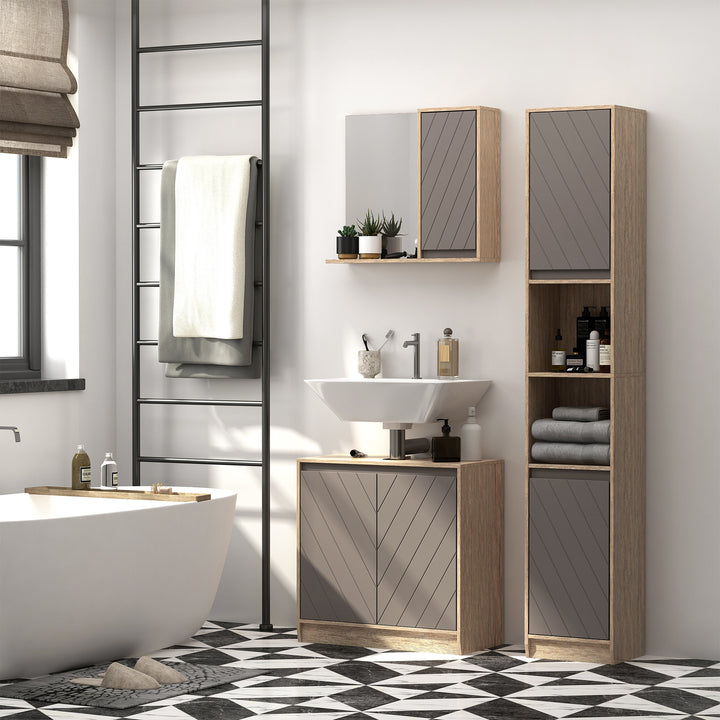 Narrow Bathroom Cabinet, Slim Bathroom Storage Unit with Open Compartment, Freestanding Storage Cupboard with Adjustable Shelves for Small Spaces, 30 x 24 x 170 cm, Grey and Oak