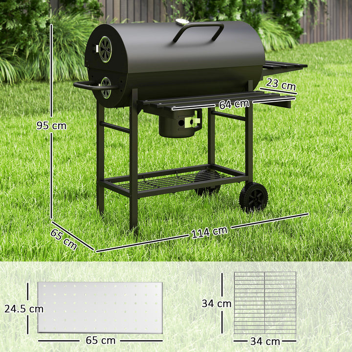 Charcoal BBQ Grill with Foldable Front Side Shelf, Portable Barbecue Smoker with Warming Rack, Bottom Shelf, Lid, Temperature Gauge, Wheels for Outdoor Cooking Garden Party, Black