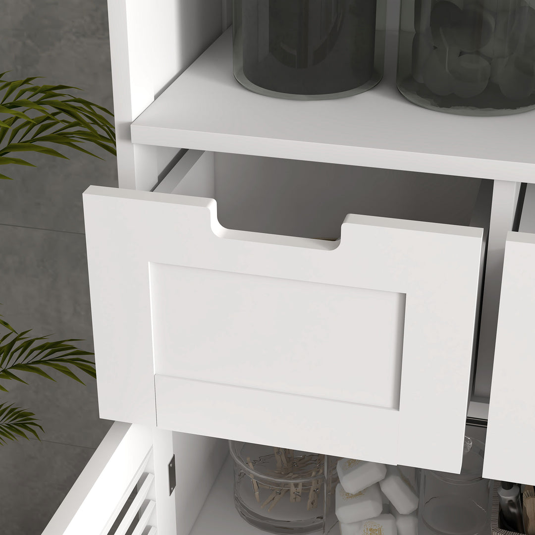 Kleankin Louvred Door Bathroom Storage Unit, Floor Cabinet with Drawers, Open Shelf, Adjustable Shelf, White