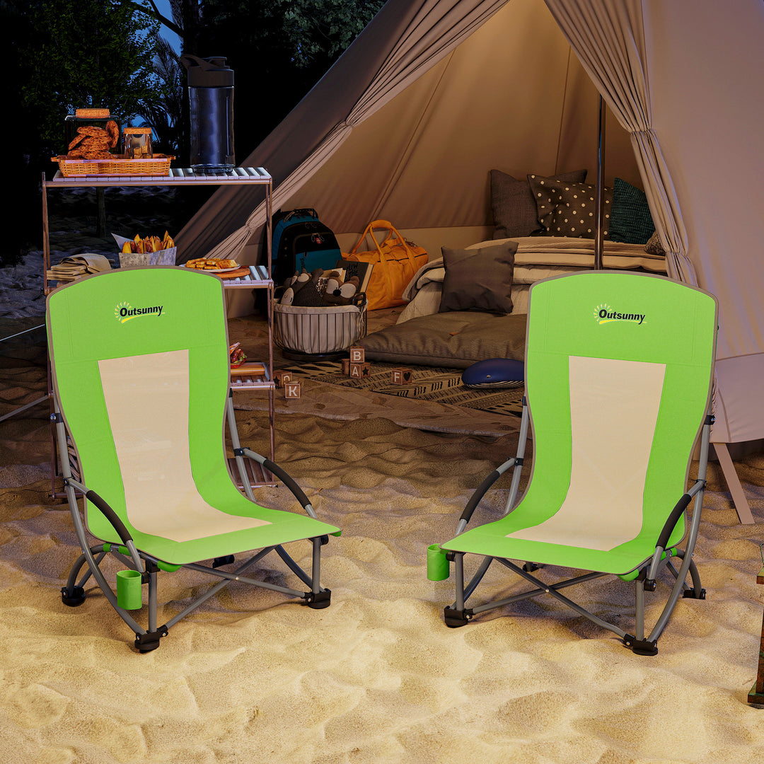 Set of 2 Folding Beach Chair, Low Camping Chair with Mesh Back, Carry Bag and Cup Holder for Garden Outdoor Picnic Festival Travel, Green