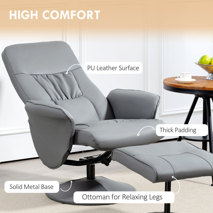 Swivel Recliner Chair with Footstool, HOMCOM PU Leather Armchair and Ottoman with High Back and Round Base for Living Room, Light Grey | Aosom UK