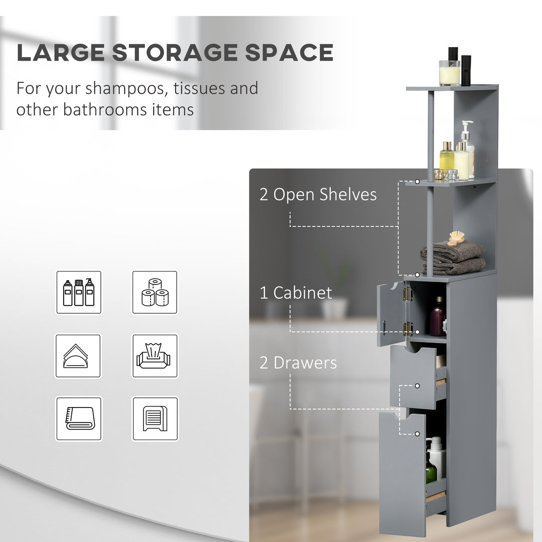 HOMCOM Tall Bathroom Cabinet, Freestanding Bathroom Storage Cabinet with 2-Tier Shelf and Drawers, Narrow Cupboard Storage Unit, Grey | Aosom UK