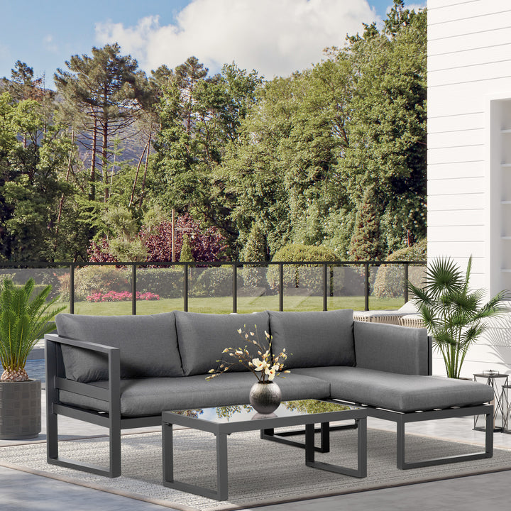 Outsunny 3-Seater L-shape Garden Corner Sofa Set with Padded Cushions, Outdoor Conversation Furniture Set with Glass Coffee Table, Grey