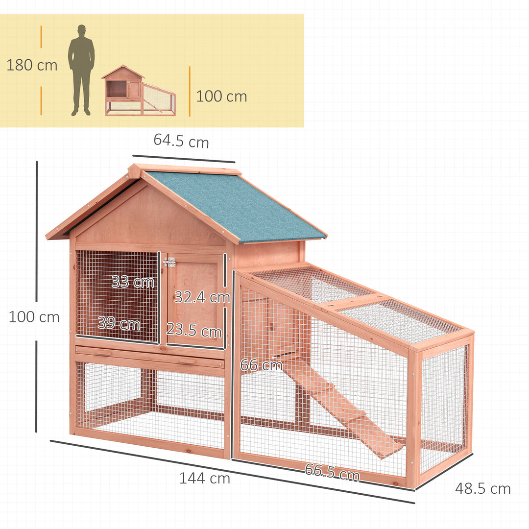 PawHut 2 Tier Rabbit Cage, Solid Wood Bunny House, Water Resistant Asphalt Roof Ramp Sliding tray 144 x 64.5 x 100 cm Red/Brown | Aosom UK