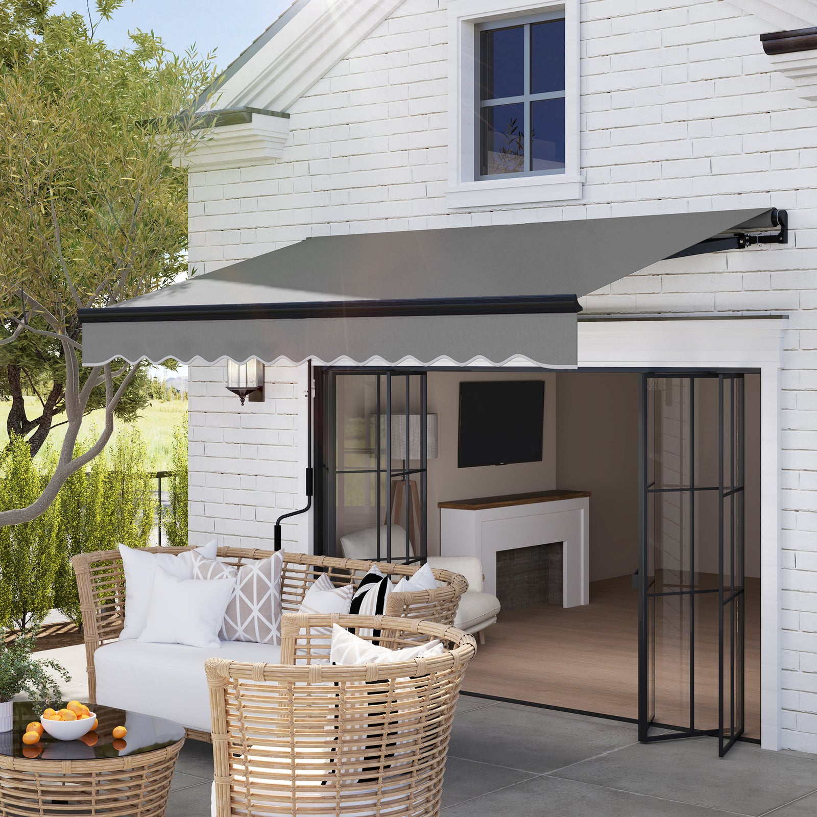 3 x 2.5m Electric Awning with LED Light and Remote Controller, Aluminium Frame DIY Retractable Awning, UV50+ Sun Shade Canopy for Garden Patio Deck Door Window, Dark Grey