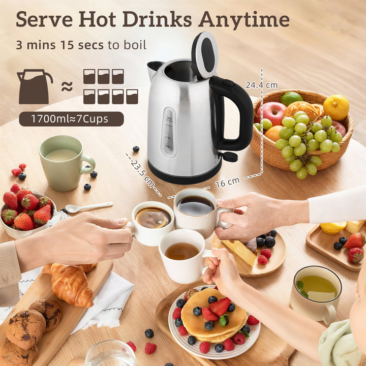 MCL Kettle and Toaster Set, 1.7L 3000W Rapid Boil Jug Kettle with Strix Thermostat, Limescale Filter, 4 Slice Toaster with 7 Browning Controls, Crumb Tray, Silver Tone