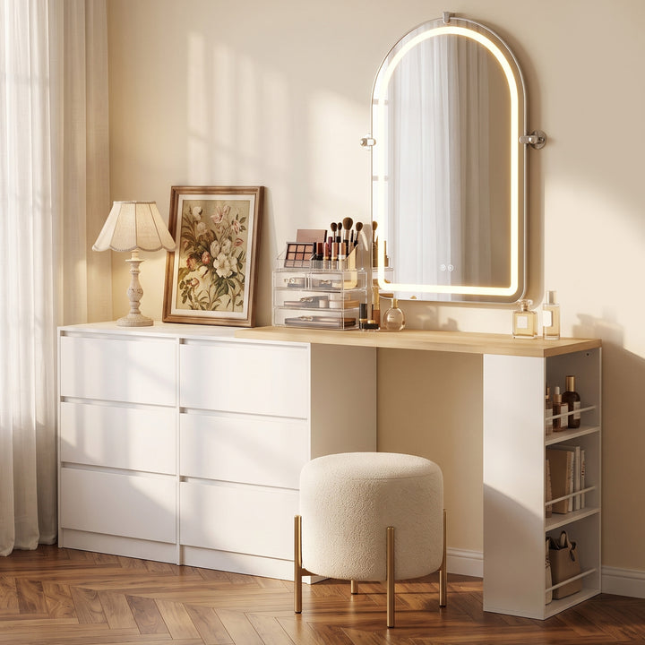 Vanity Table, Dressing Table with 6 Drawers and 3-Tier Shelf for Women