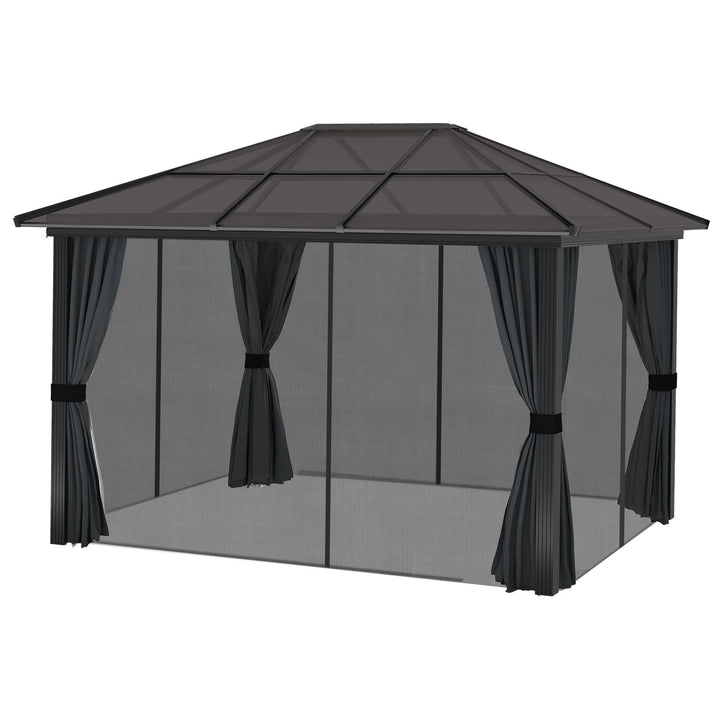 Outsunny 3 x 4m Hard Top Gazebo Garden Pavilion with Netting and Curtains, Polycarbonate Roof and Aluminium Frame
