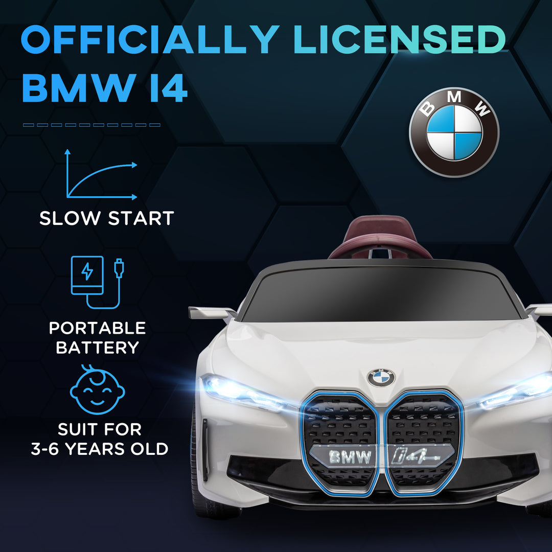 BMW i4 Licensed 12V Kids Electric Ride-On Car, White, Red and Light Blue