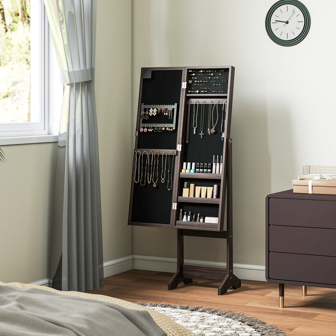 Freestanding Mirror Jewelry Cabinet with LED Lights, Jewellery Organiser with 3 Angle Adjustable, Full-Length Mirror with Storage for Earrings, Necklaces, Rings and Lipsticks, Dark Brown