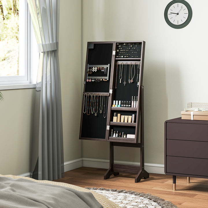Freestanding Mirror Jewelry Cabinet with LED Lights, Jewellery Organiser with 3 Angle Adjustable, Full-Length Mirror with Storage for Earrings, Necklaces, Rings and Lipsticks, Dark Brown