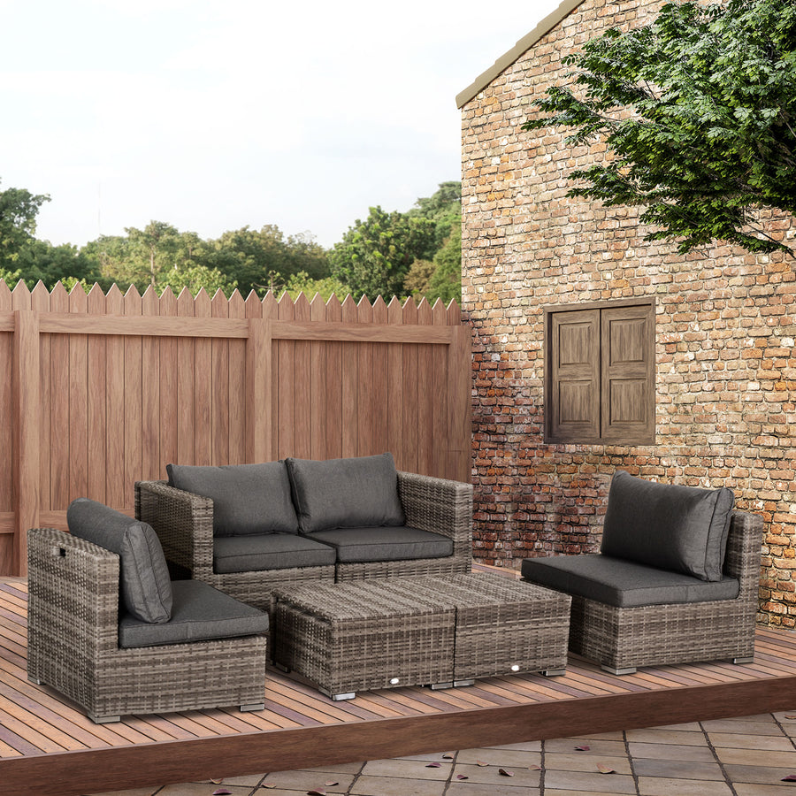 8 Pieces Rattan Garden Furniture Set, Garden Corner Sofa Set with 4 Chairs, 2 Footstools, 2 Coffee Tables and Cushions, Space-Saving Design, No Assembly Required, Grey