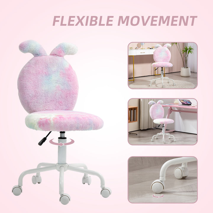 Fuzzy Office Chair with Bunny Ears, Faux Fur Swivel Desk Chair, Armless Makeup Vanity Chair with Adjustable Height for Bedroom, Study Room, Colourful