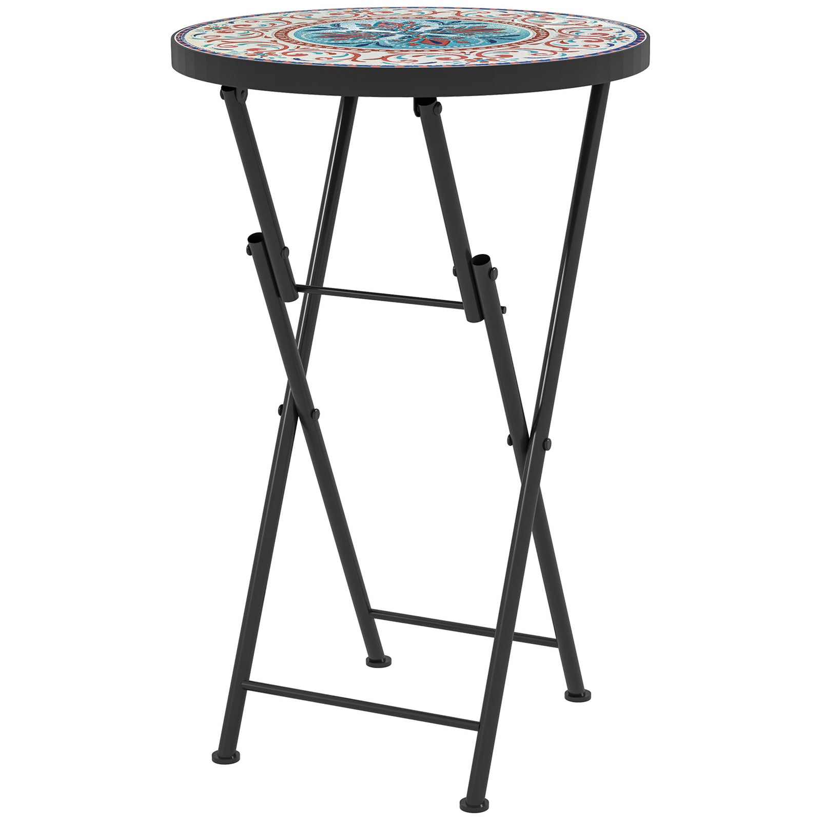 Mosaic Outdoor Garden Table, 35.5cm Round Folding Coffee Table with Metal Frame for Balcony Terrace, Multicolour
