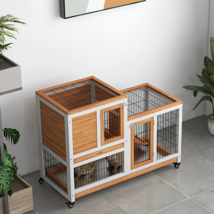 Wooden Indoor Hutch Elevated Cage w/ Wheel, Run, Yellow