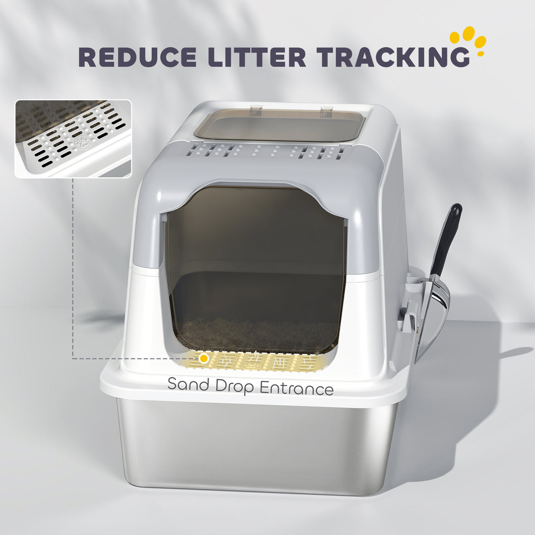 Extra Large Stainless Steel Litter Box, Enclosed Cat Litter Tray with Scoop, Deodorizer Bag, Front-Entry and Top-Exit