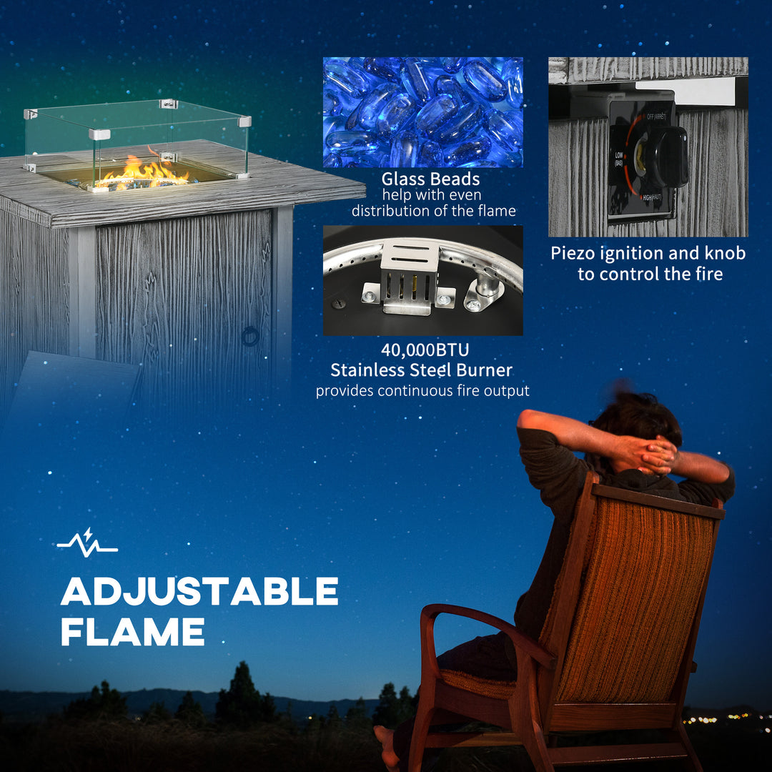 Outsunny 50,000 BTU Gas Fire Pit Table with Cover, Glass Screen and Glass Beads, Grey