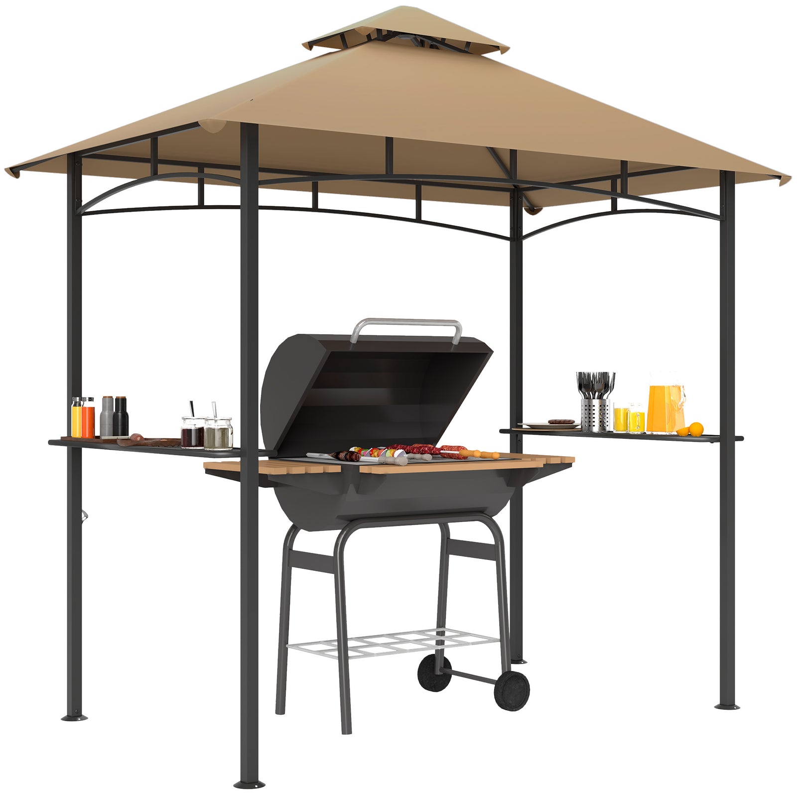 2.5x1.5m (8'x5') Grill Gazebo Canopy, Double Tiered Outdoor BBQ Gazebo Shelter with 2 Side Shelves for Garden, Patio, Barbecue, Picnic, Khaki