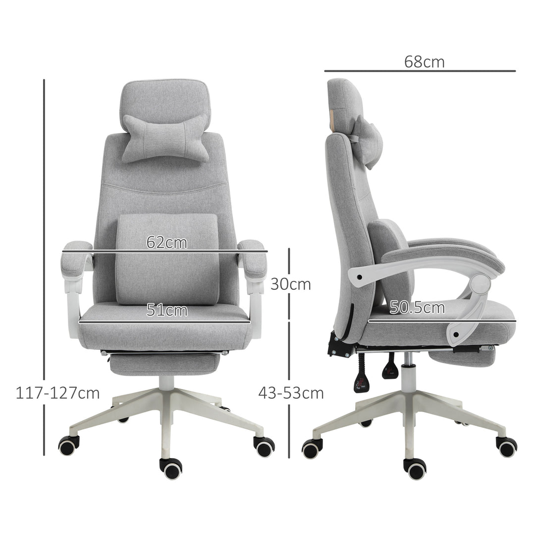 Office Chair, Ergonomic Desk Chair, High Back Fabric Work Chair with 160° Reclining Backrest, Retractable Footrest, Neck and Lumbar Pillow for Home and Study, Grey