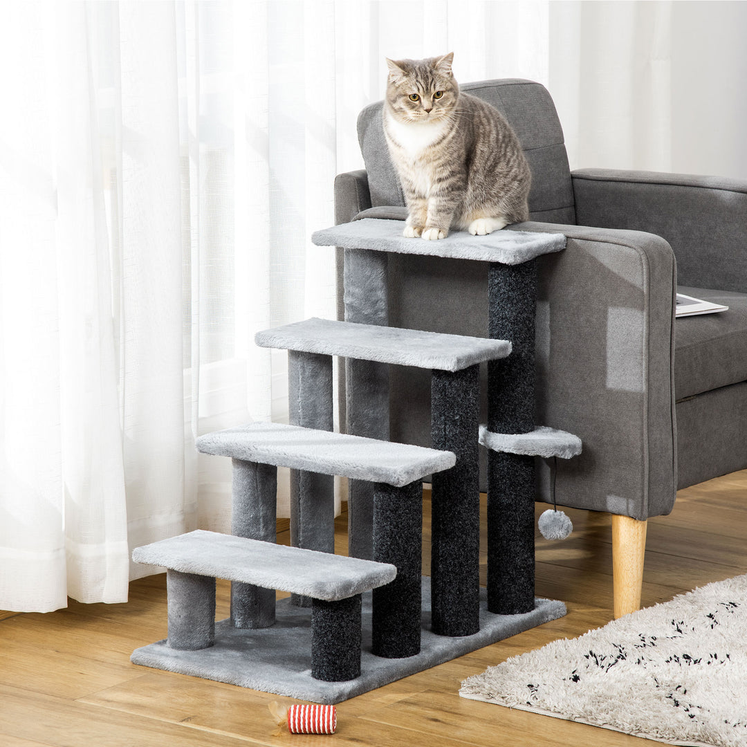 PawHut 4-step Pet Stairs with Scratching Posts, Platforms, Toy Ball, Grey